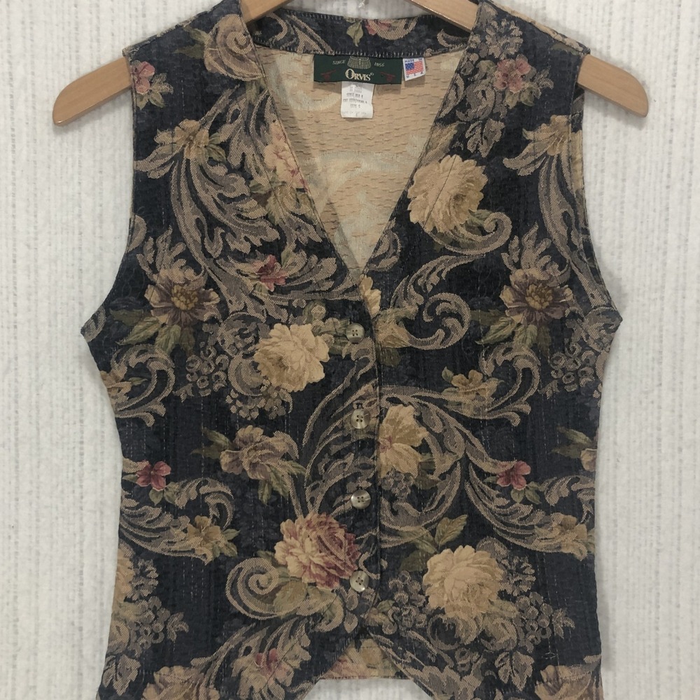Orvis Vintage Floral Tapestry Vest Small Navy Woven Button Front Made in USA